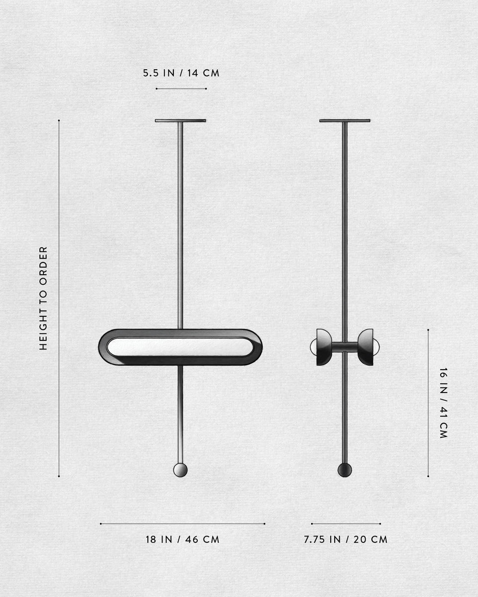 Technical drawing of a vertical hanging light fixture with dimensions labeled in inches and centimeters on a textured background