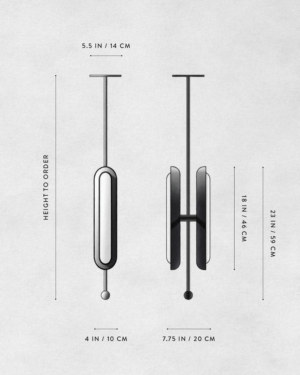 Technical illustration of a vertical hanging device with measurements for width, depth, and adjustable height on a light background