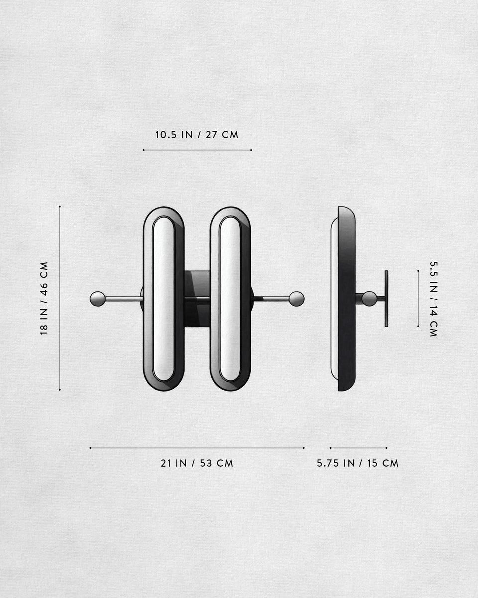 Technical drawing of a dual-bar wall fixture with detailed measurements on a plain gray background.