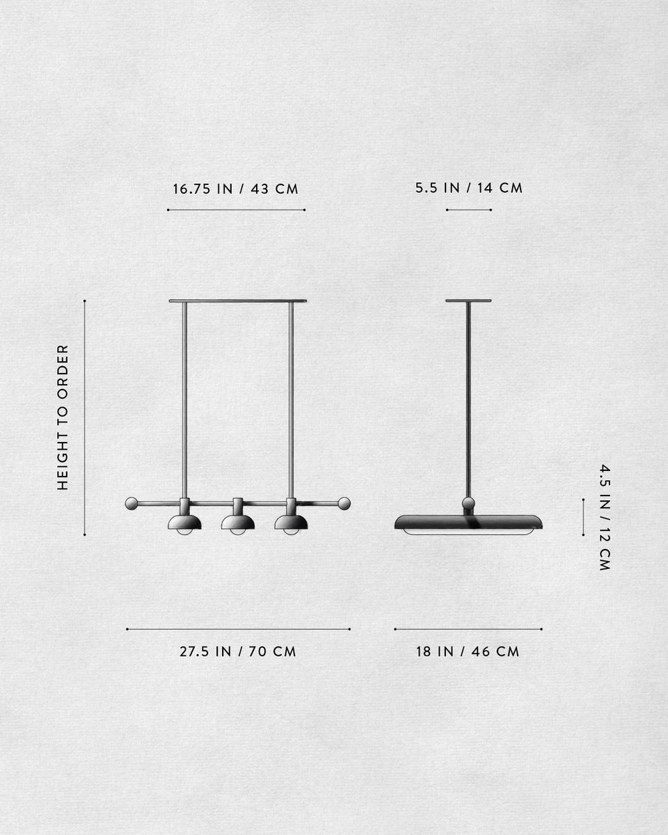 Technical line drawing showing front and side views of a hanging light fixture with detailed dimensions in inches and centimeters
