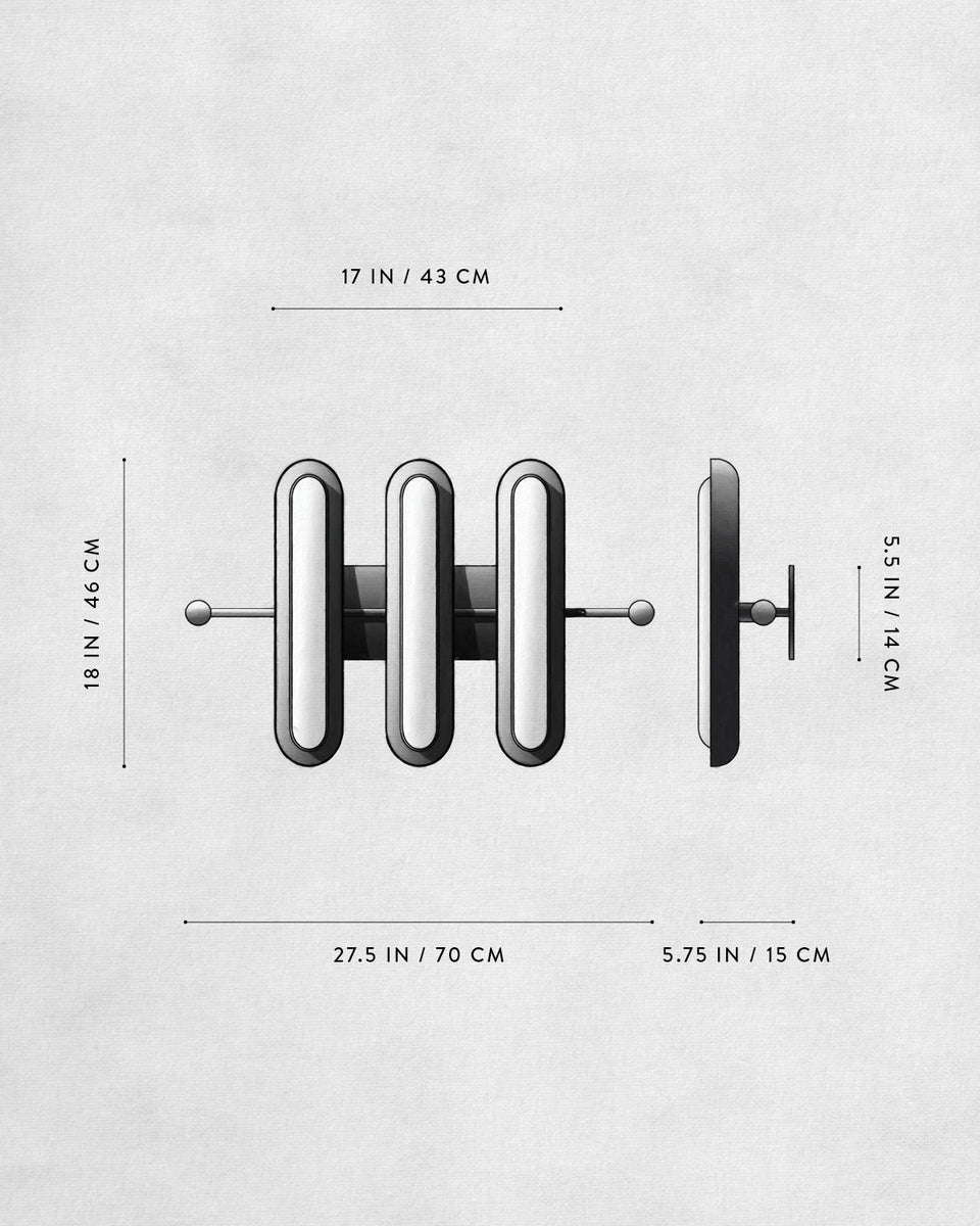 Technical drawing of a wall-mounted hook rack with three elongated hooks showing dimensions in inches and centimeters