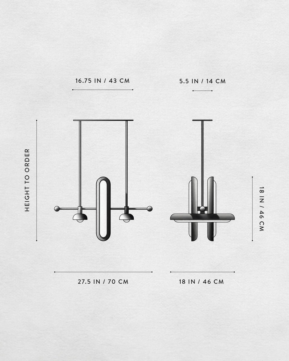 Technical drawing of a modern pendant light fixture with dimensions indicated in inches and centimeters on a white background
