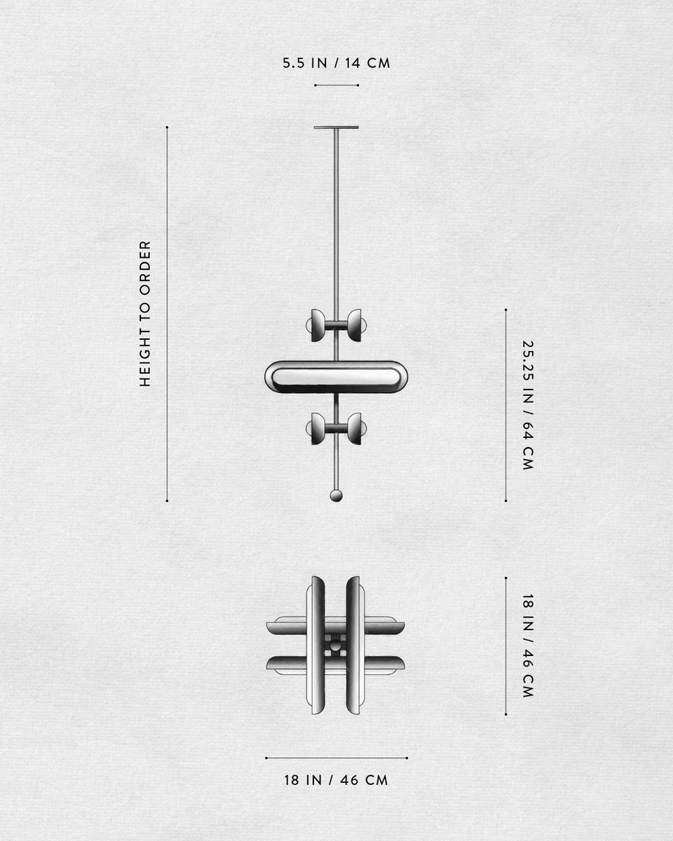 Technical drawing of a pendant light fixture with dimensions labeled in inches and centimeters on a white background