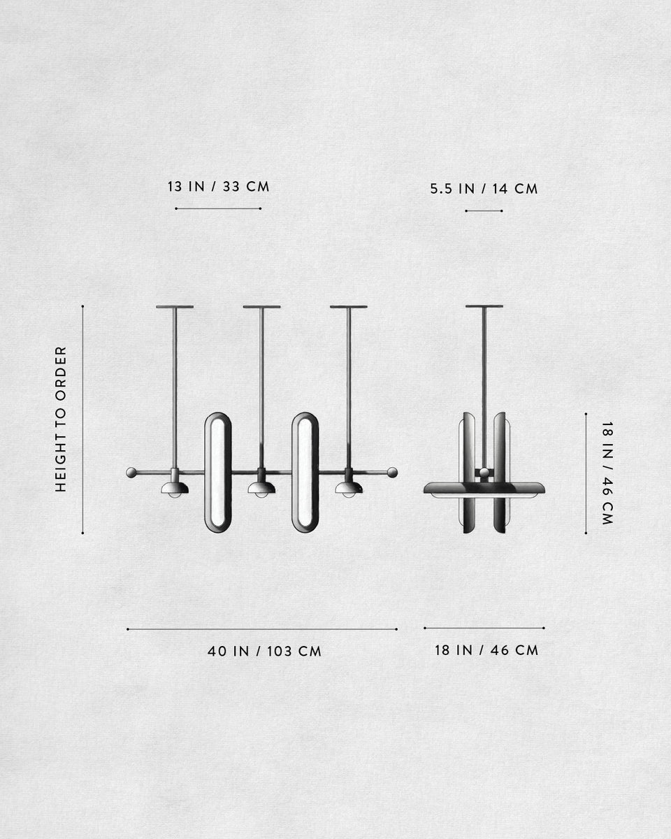 Technical drawing of a modern pendant light fixture with dimensions in inches and centimeters on a light background
