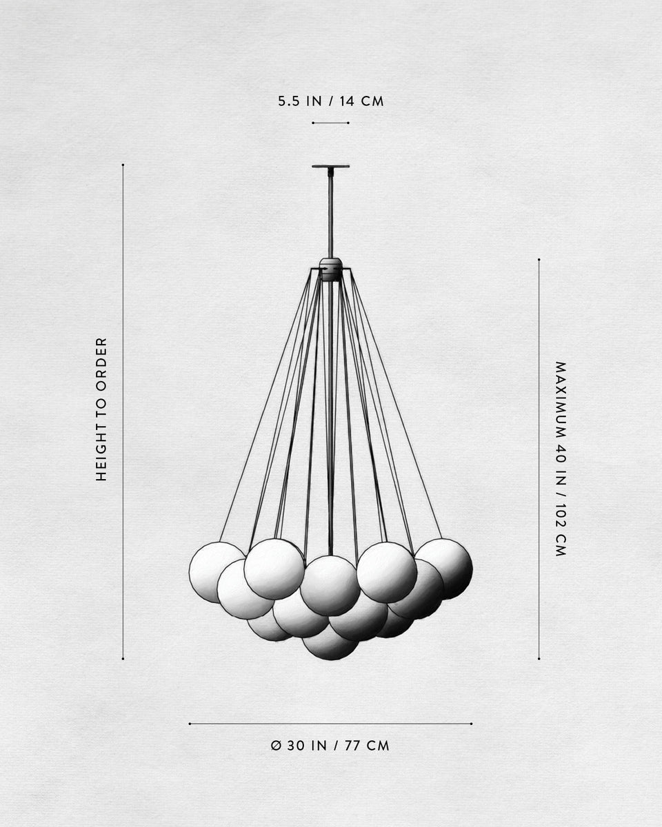 Diagram of a spherical pendant light fixture with multiple hanging globes and dimensions marked around it on a beige background