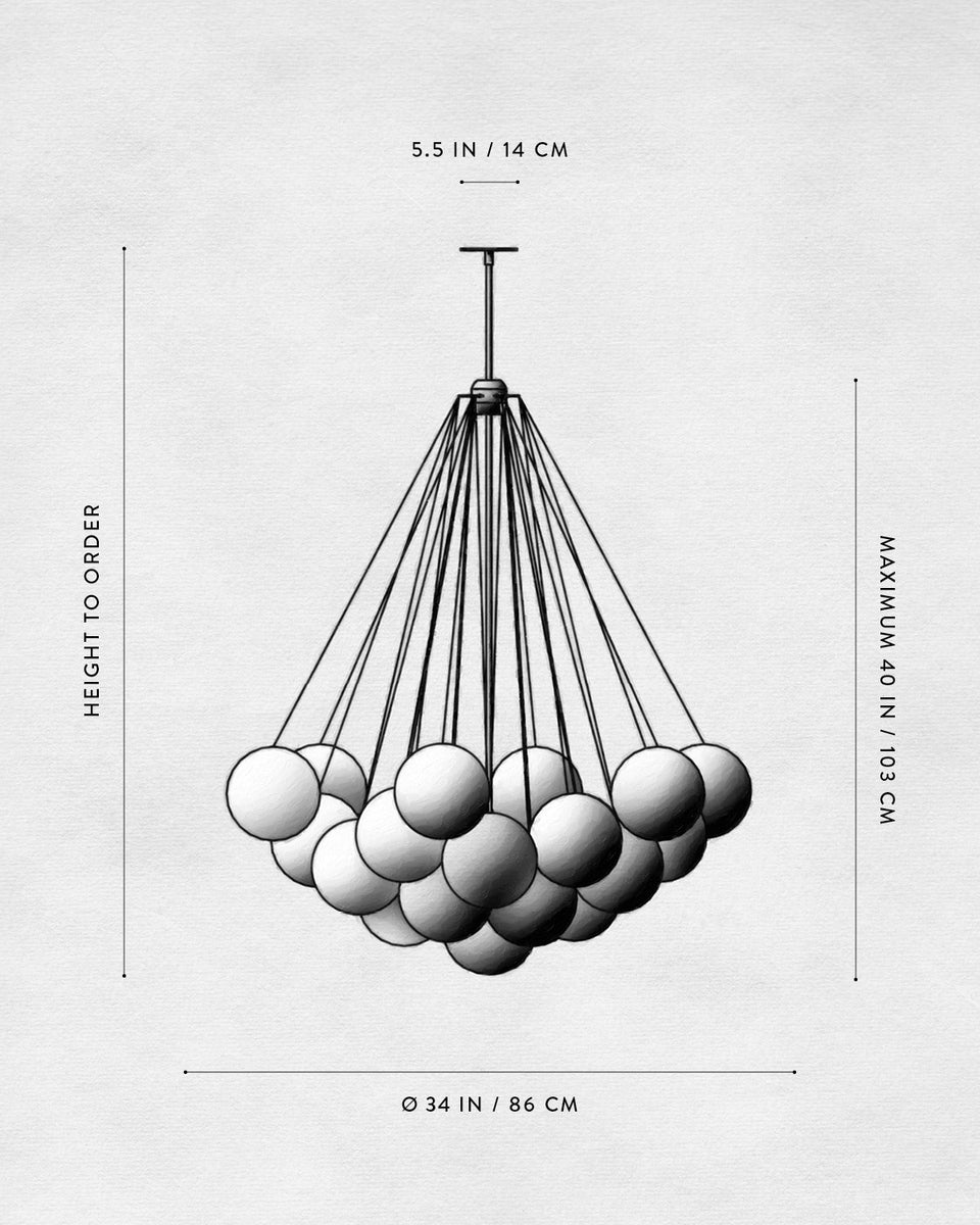 Black and white technical drawing of a multi-globe pendant light fixture with dimensions indicated