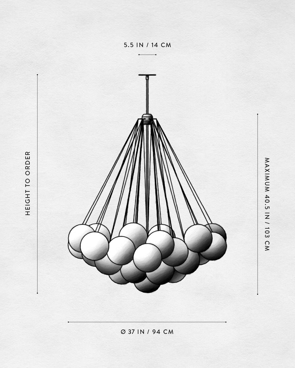 Black and white technical drawing of a multi-globe pendant light fixture with dimension annotations on a white background