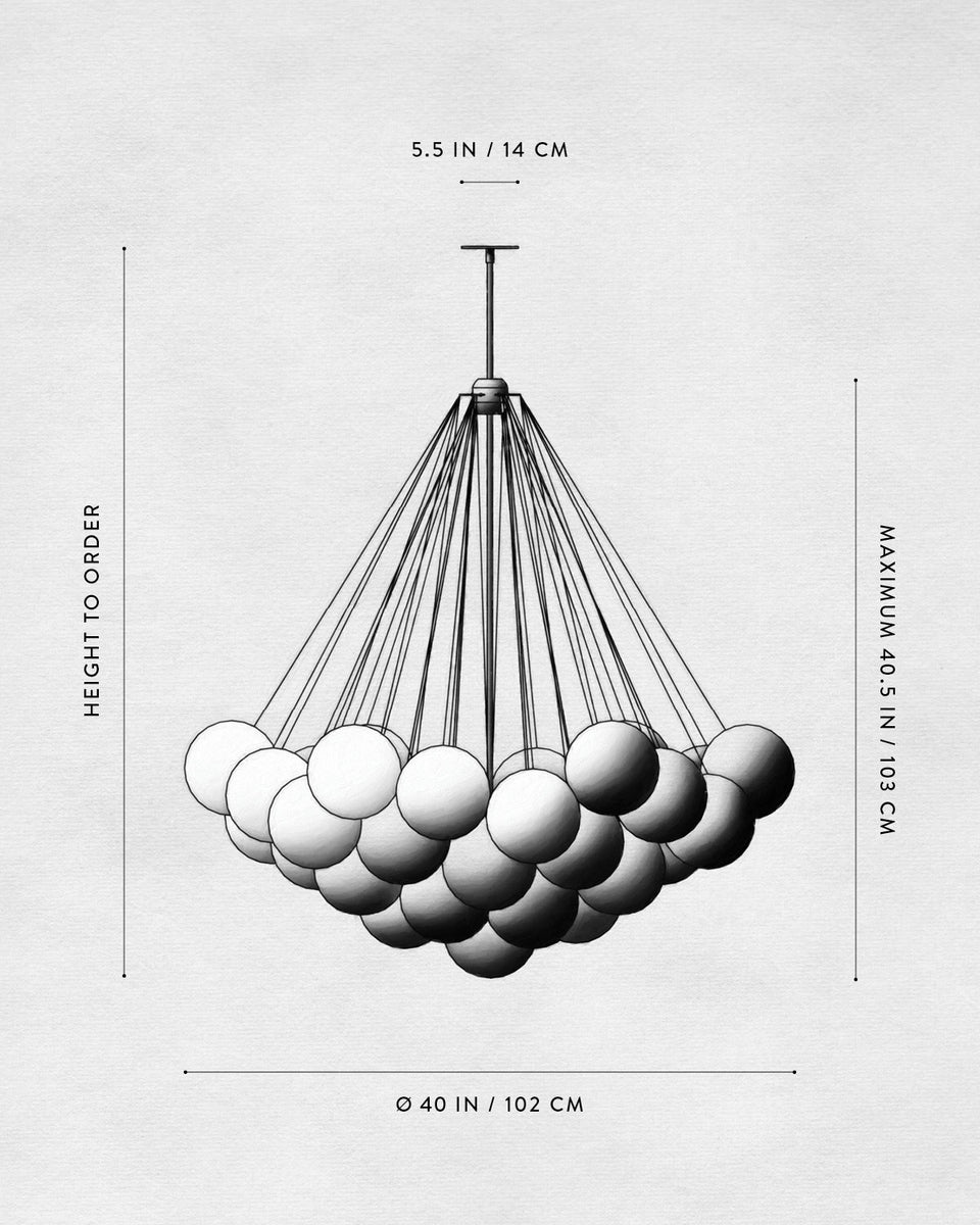 Monochrome diagram of a spherical chandelier with multiple hanging rods and dimensions on a plain background