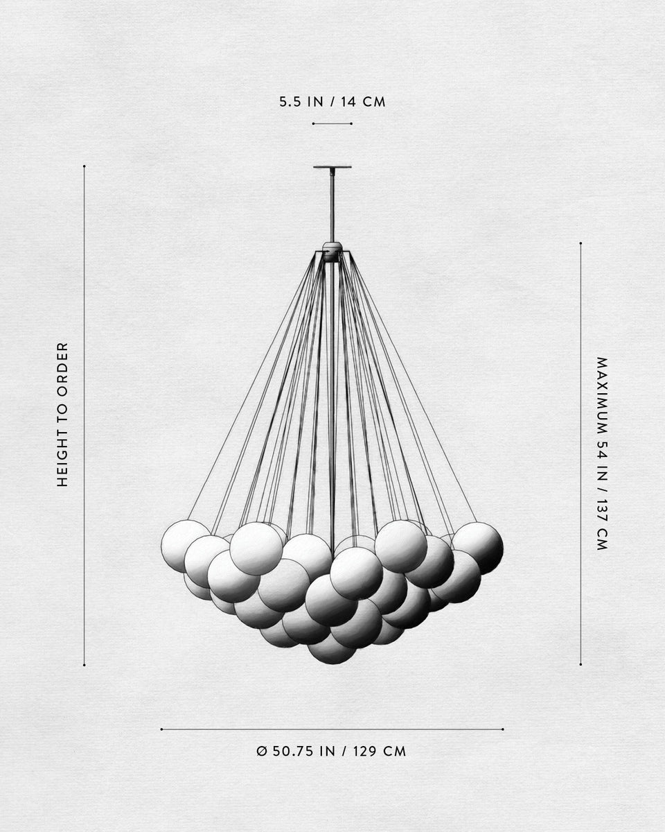 Technical drawing of a multi-pendant light fixture with spherical shades and dimensional measurements on a plain background