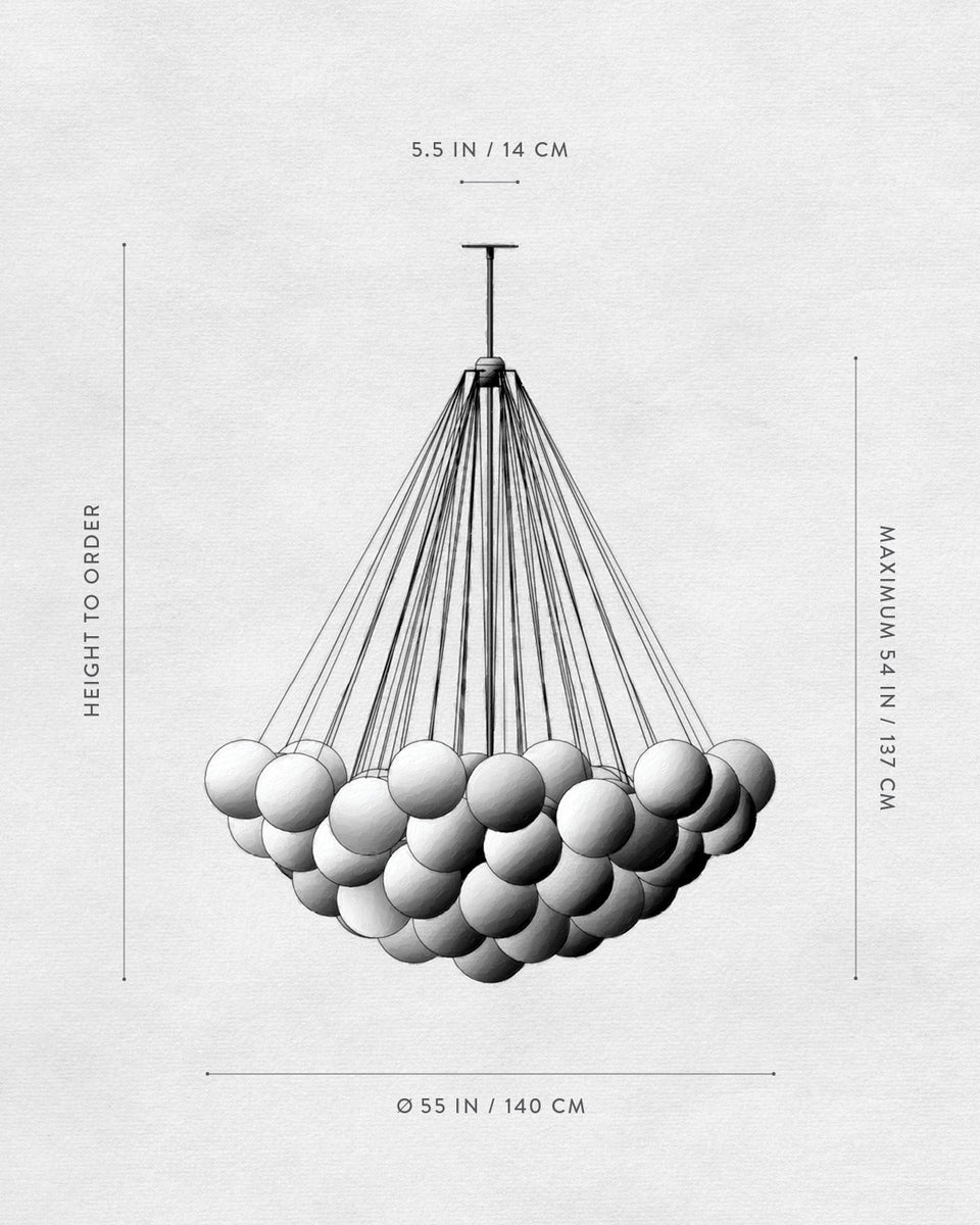 Technical drawing of a spherical pendant chandelier with multiple hanging rods and dimensions on a white background