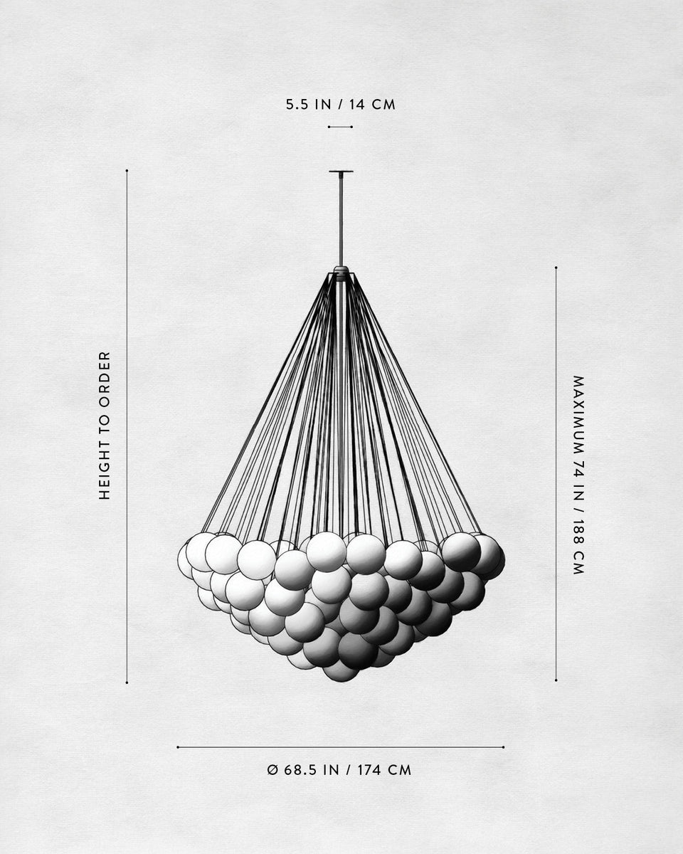 Technical illustration of a large spherical pendant light fixture with dimensions on a white background