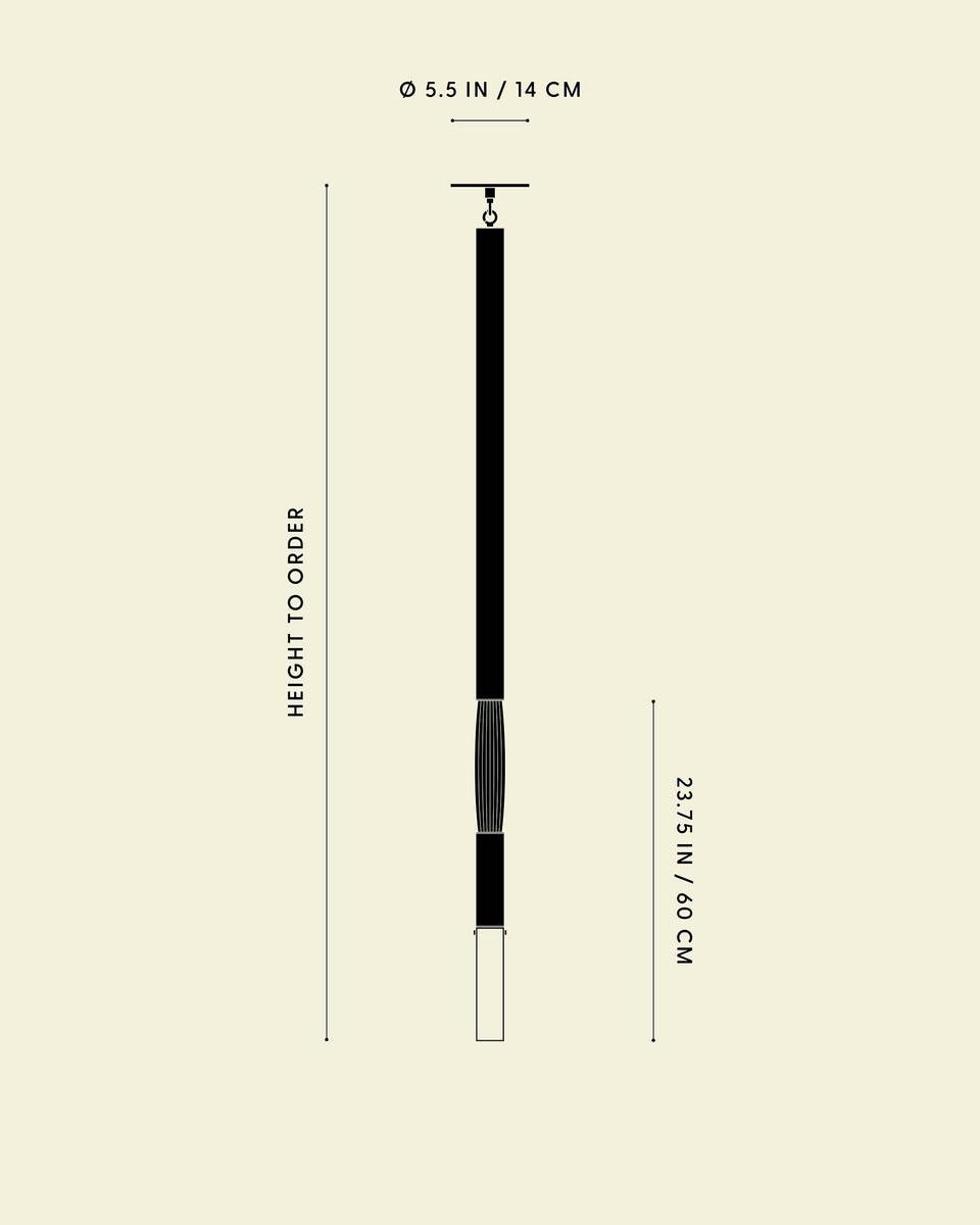 Minimalist black and white pendant light fixture with a 5.5-inch diameter and 23.75-inch adjustable drop length on a beige background