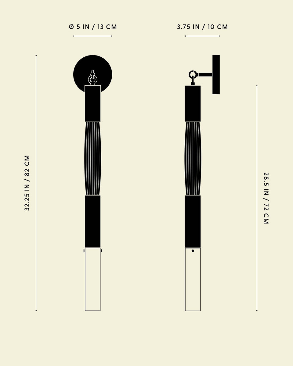 Technical drawing showing front and side views with measurements of a vertical wall-mounted cylindrical object on a beige background
