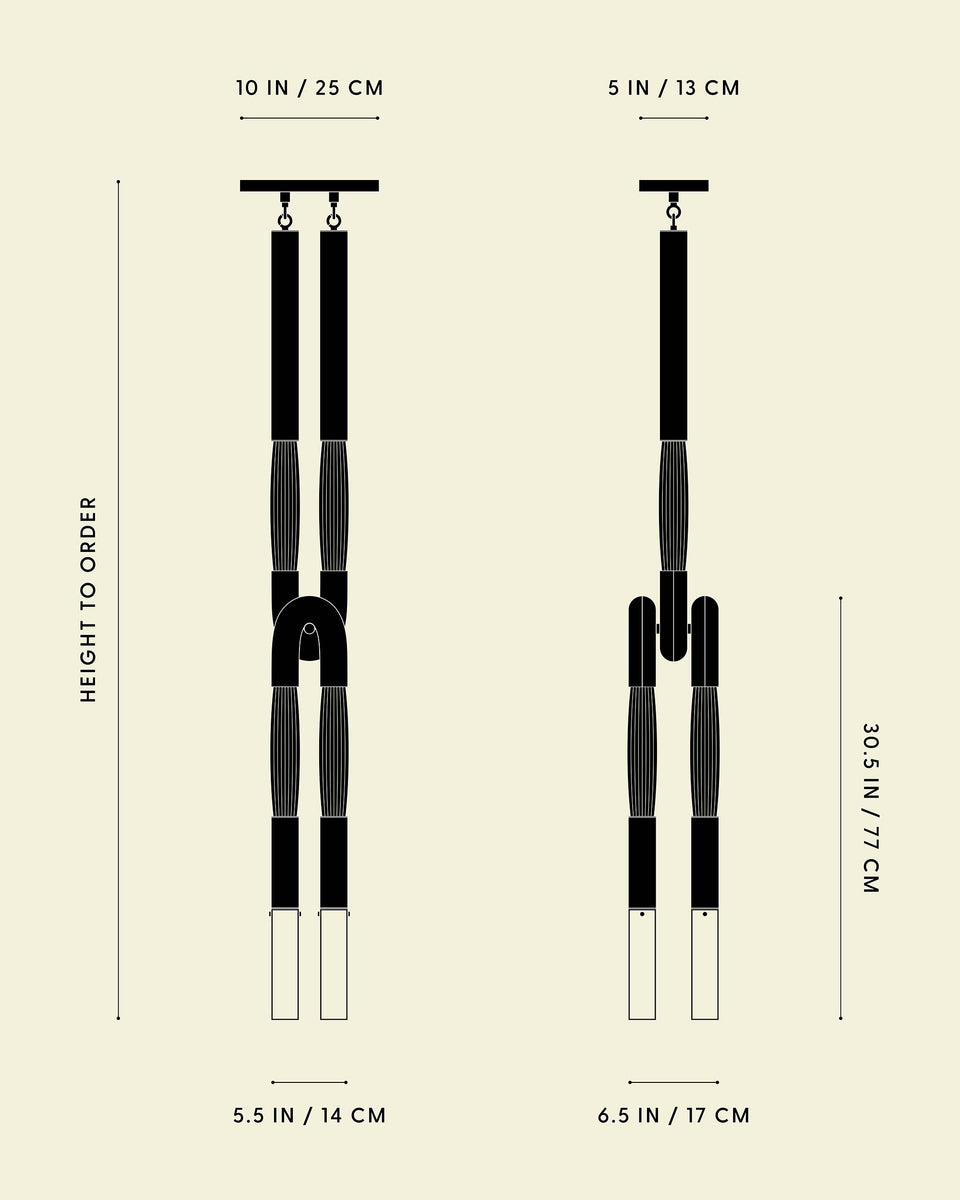 Technical drawing of abstract hanging sculpture with detailed measurements in inches and centimeters on a beige background