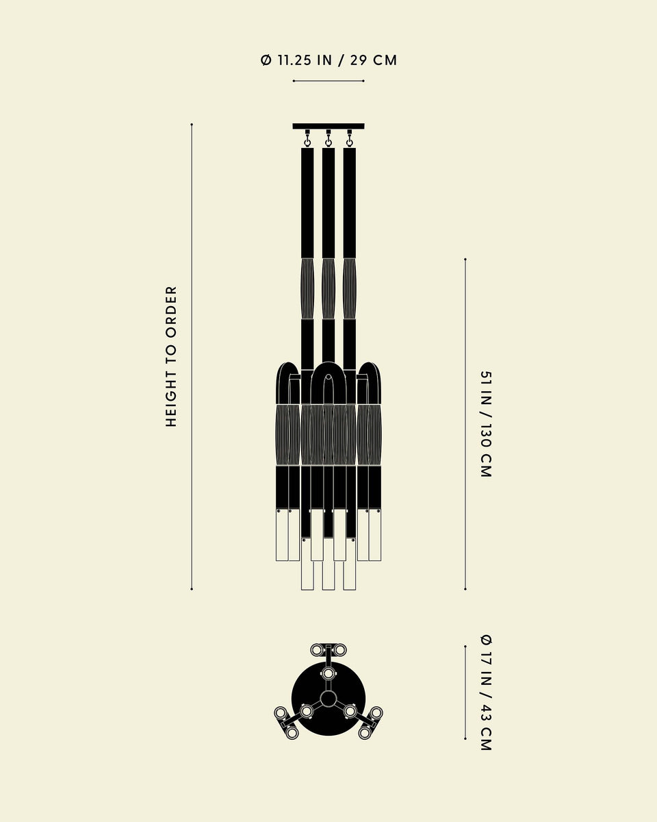 Dimensional drawing of a chandelier showing front and top views with measurements in inches and centimeters.