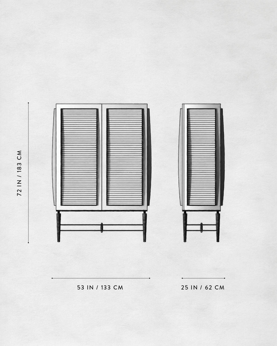 Blueprint style drawing of a tall cabinet with louvered doors and detailed measurements on a light background