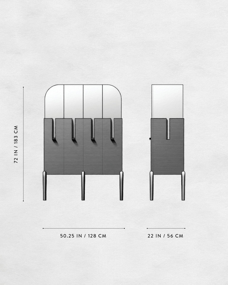 Technical drawing of a modern cabinet with curved top and vertical panel details, showing front and side dimensions on white background