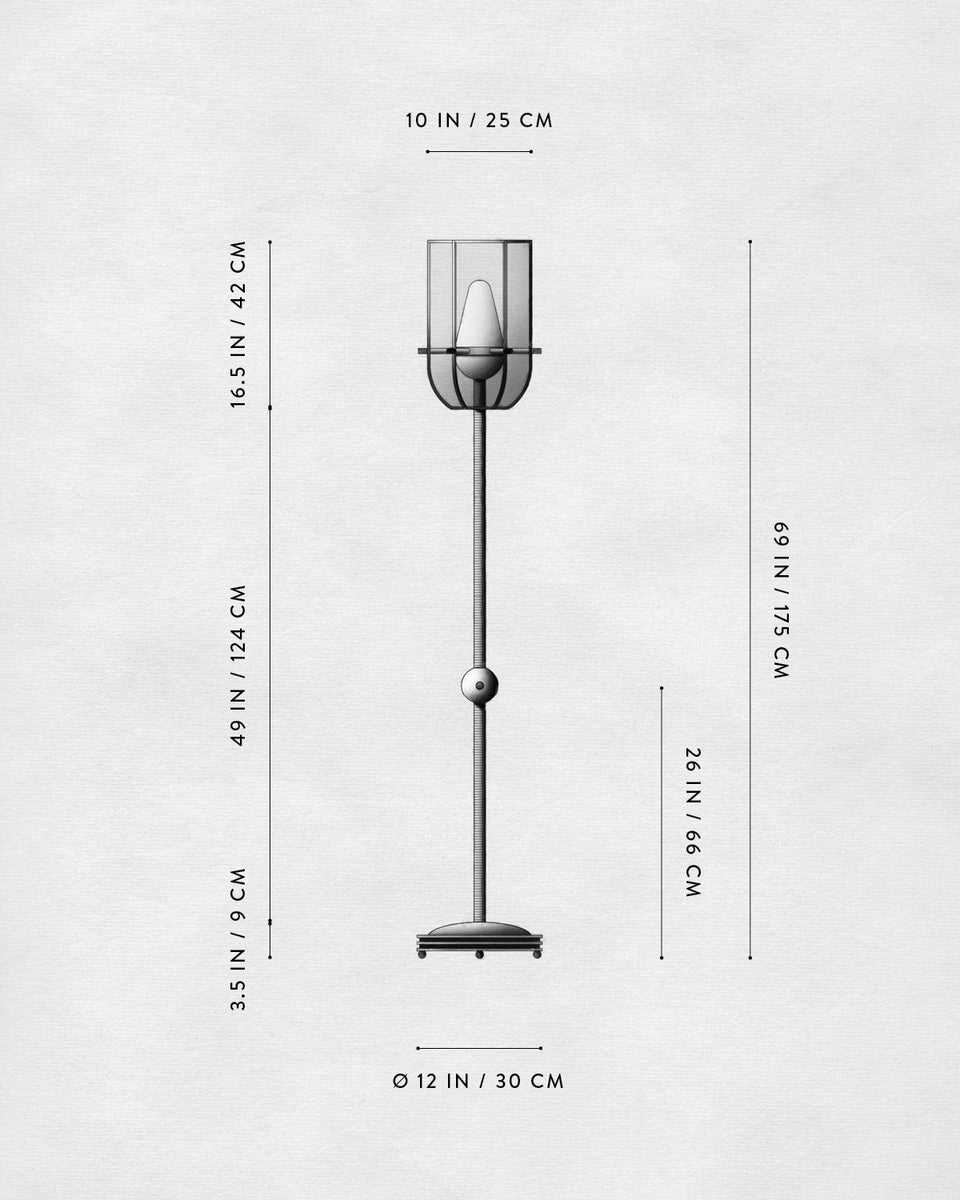 Technical drawing of a tall floor lamp with dimensions labeled in inches and centimeters on a light textured background