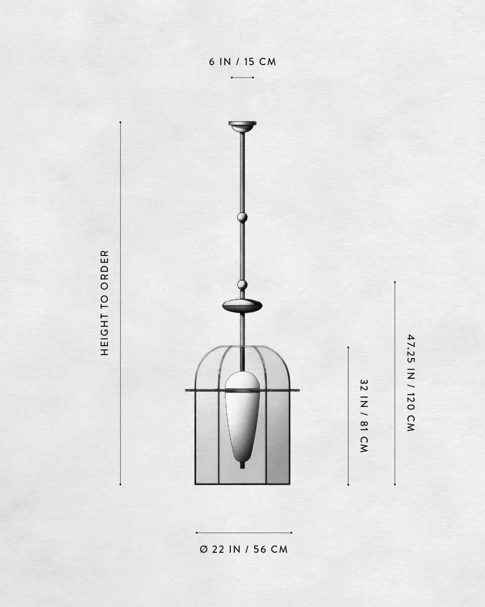 Technical drawing of a pendant light fixture with detailed height and width measurements on a white background