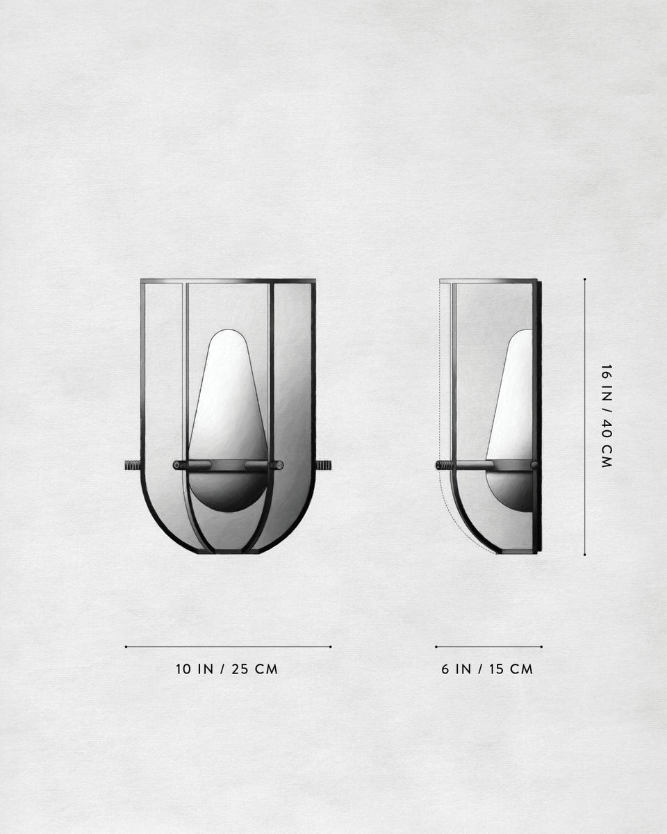 Technical illustration of a modern wall sconce with dimensions 16 inches high by 10 inches wide and 6 inches deep.