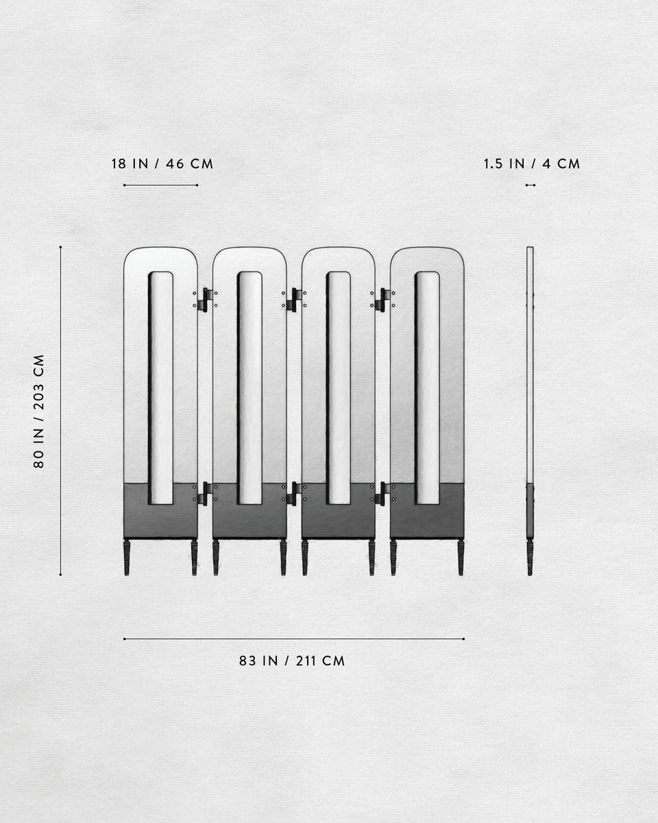 Technical line drawing of a four-panel room divider with measurements on a light background