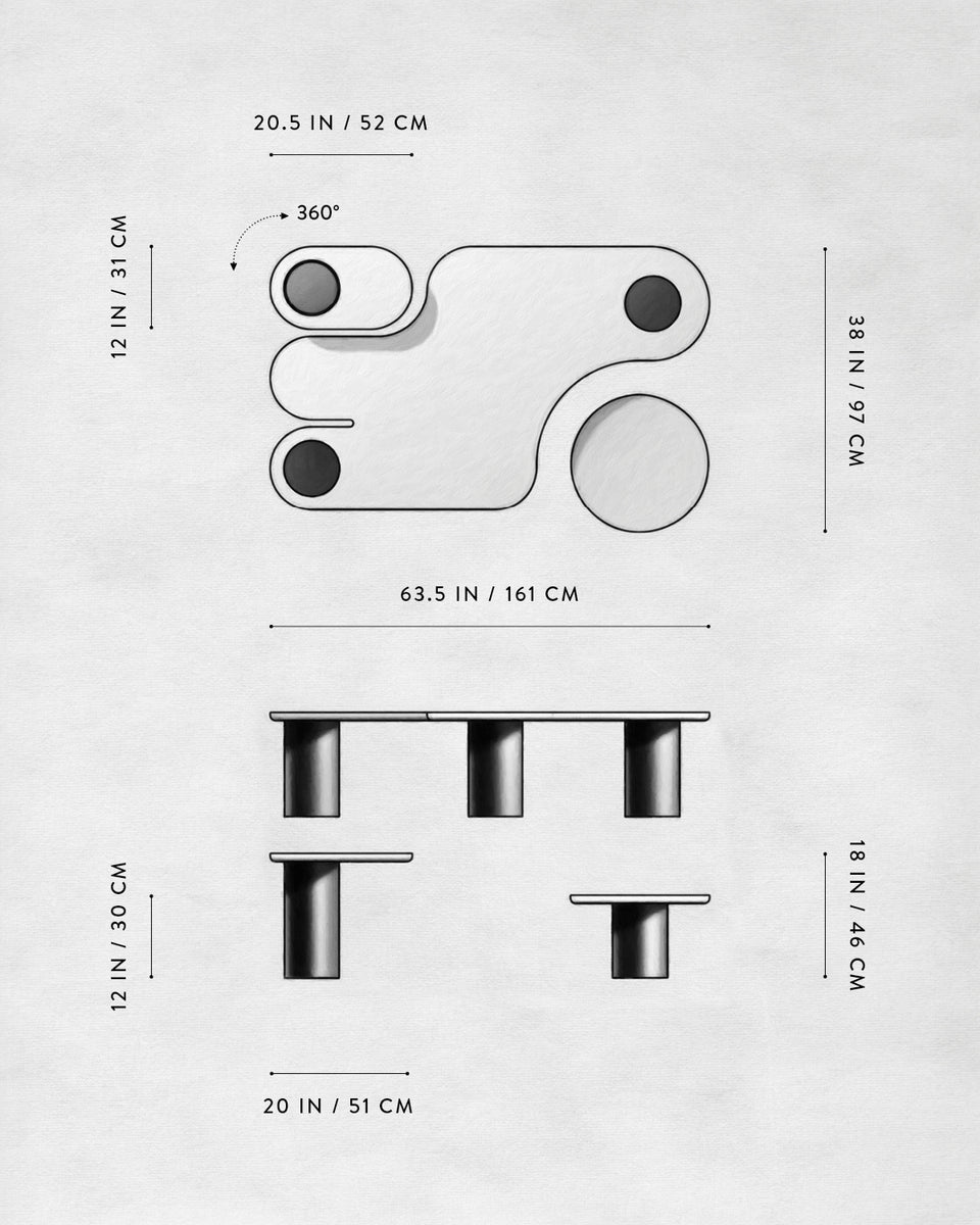 Technical drawing of a multi-tier table with rounded shapes and detailed dimensions in inches and centimeters on a white background