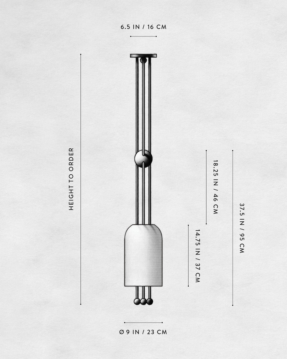 Technical drawing of a pendant light fixture with detailed dimensions on a textured white background