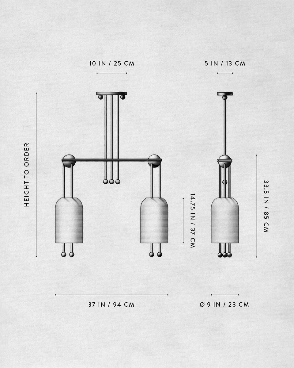 Technical drawing of a double pendant light fixture with dimensions in inches and centimeters on a gray background