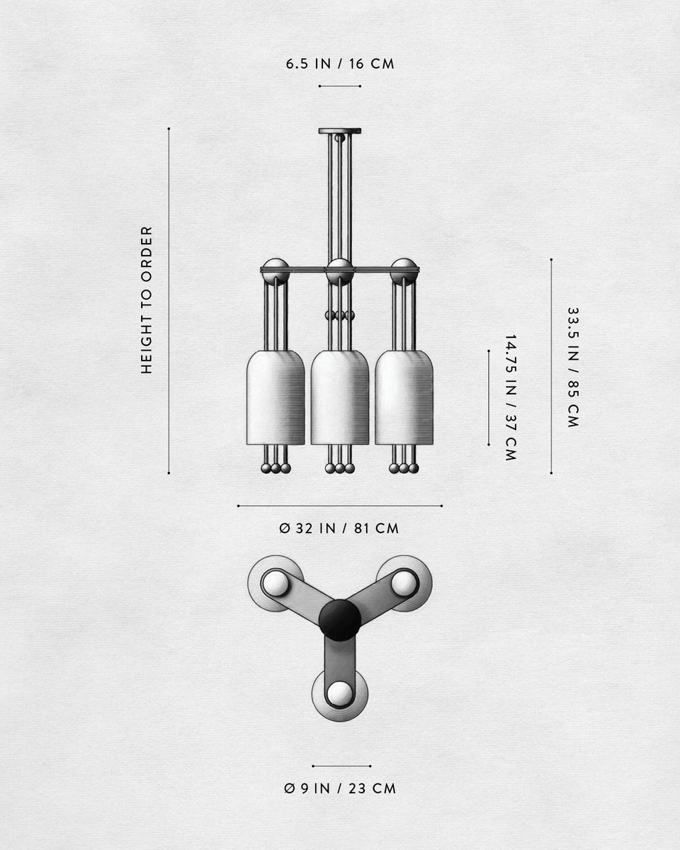Technical line drawing of a three-light pendant chandelier with dimensions indicated on a white background