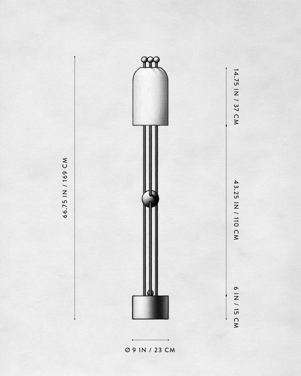 Technical drawing of a tall standing lamp with dimensions marked in inches and centimeters on a neutral background