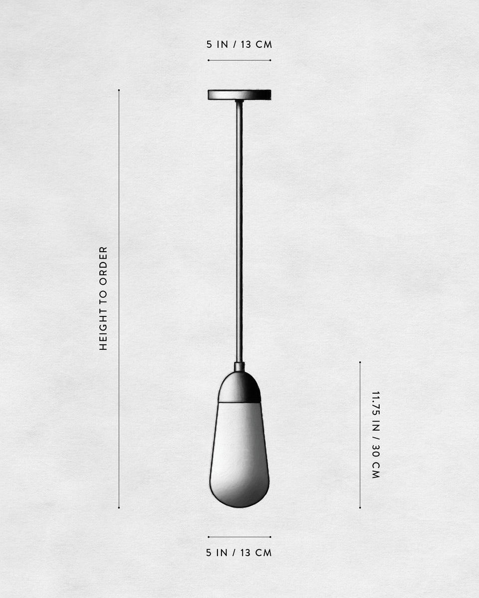 Minimalist pendant light with teardrop-shaped glass shade and adjustable rod suspended from a round ceiling mount