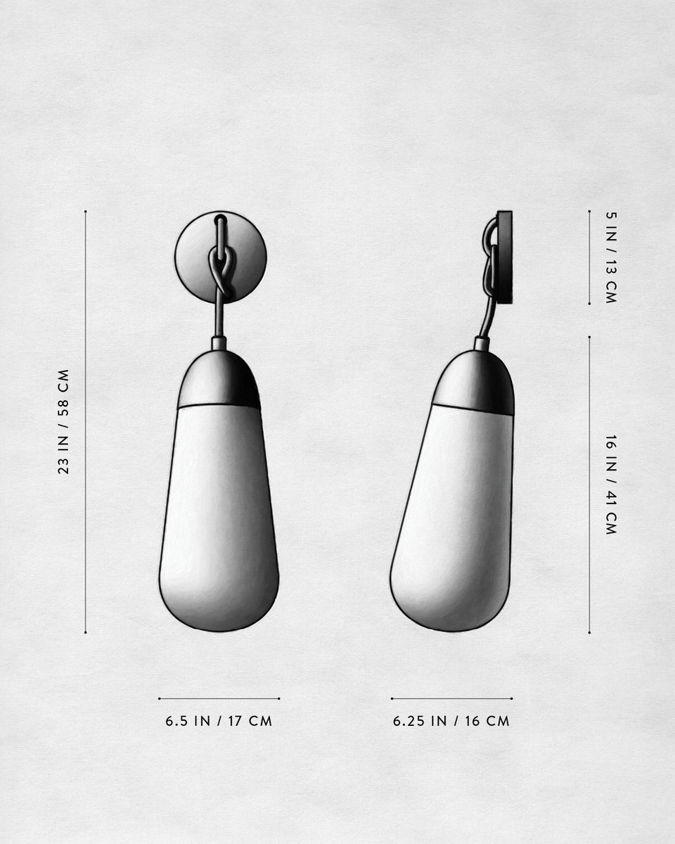 Monochrome technical drawing of a teardrop-shaped wall sconce with measurements in inches and centimeters shown from front and side views