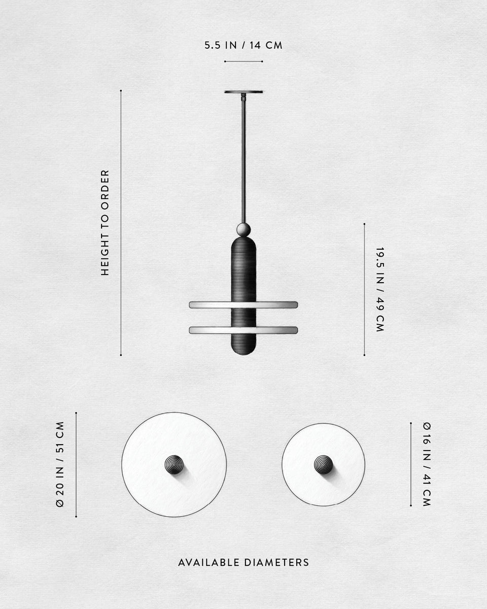 Black and white technical drawing of a pendant light with dimensions and two available circular diameters shown from above