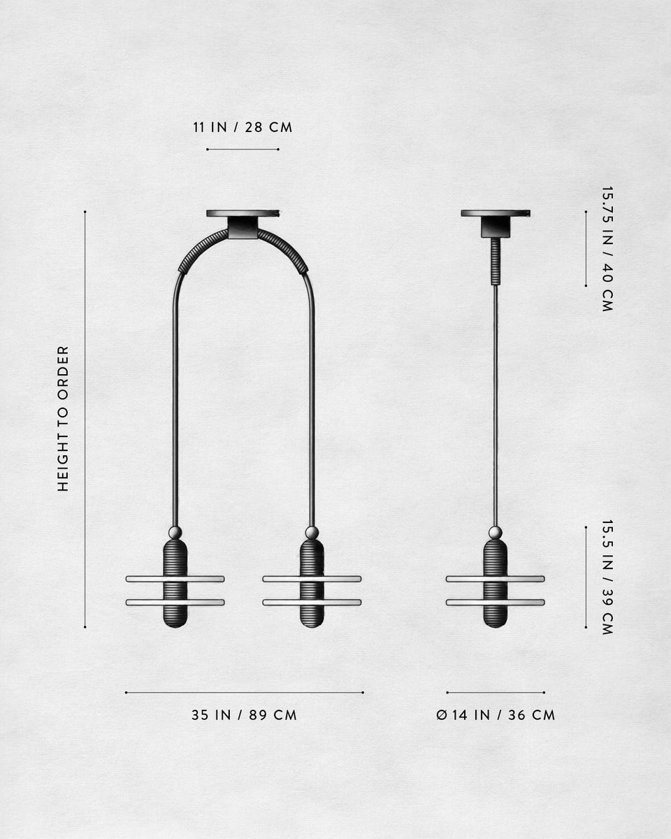 Technical illustration of two pendant light designs with dimensions in inches and centimeters on a light gray background