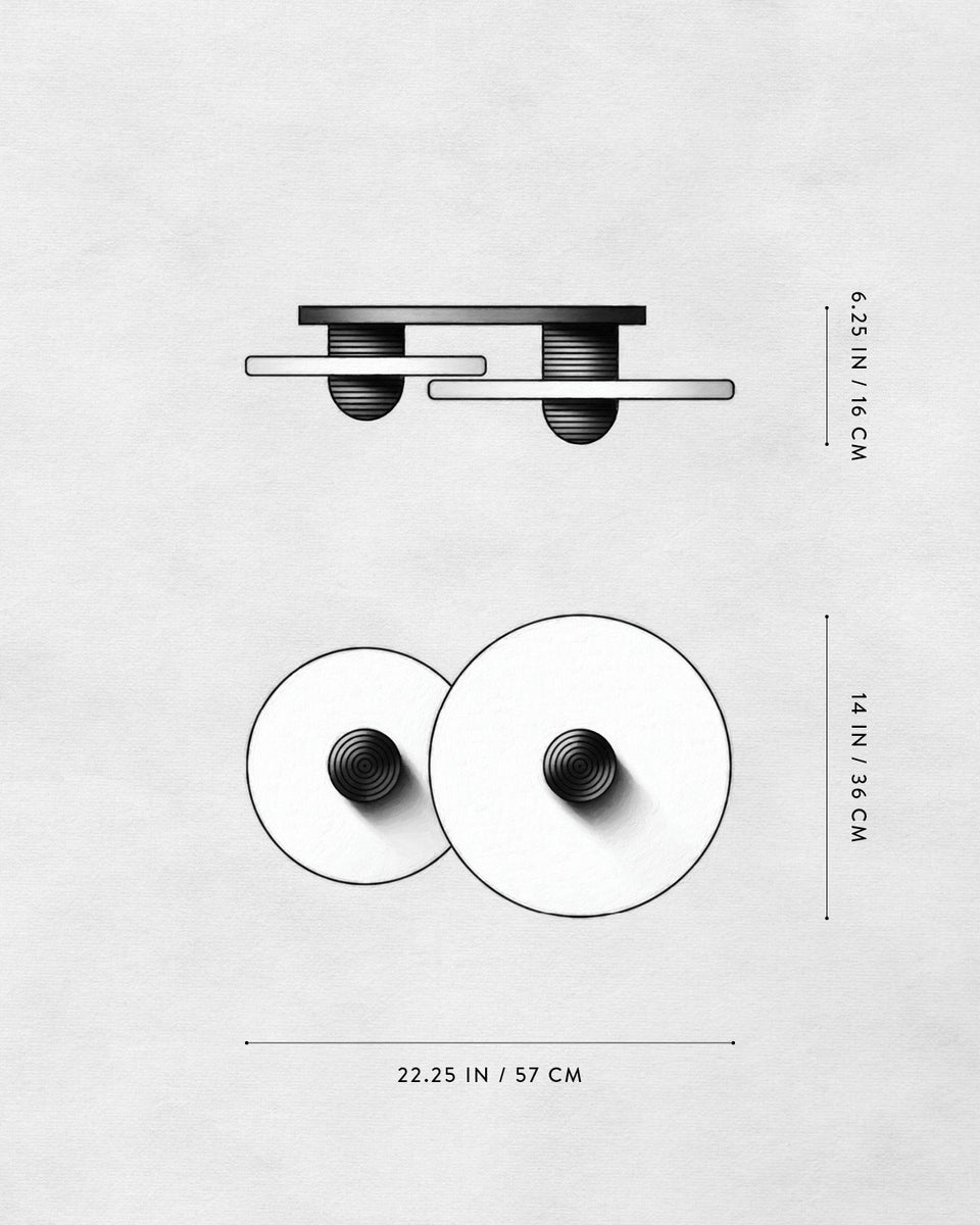 Top and side black and white technical drawing of two overlapping circular objects with dimensions on a light background