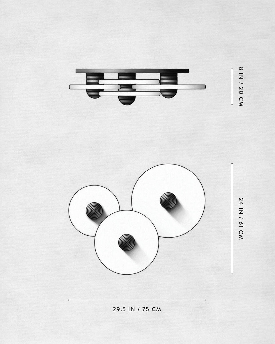 Top and side technical drawing of three circular objects with concentric ridges, including measurements on a light background.