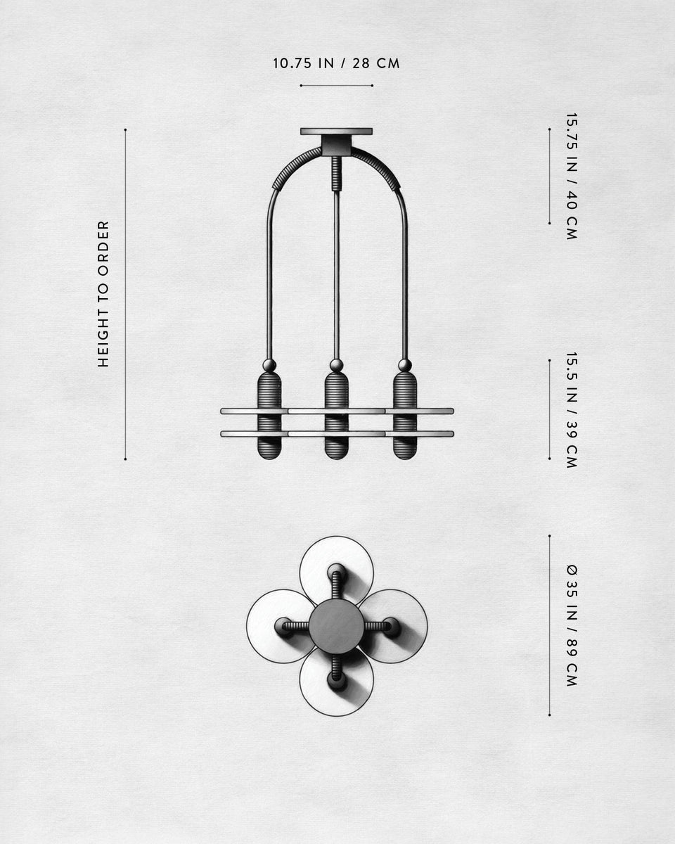 Technical drawing of a four-light pendant with dimensions marked in inches and centimeters on a white background