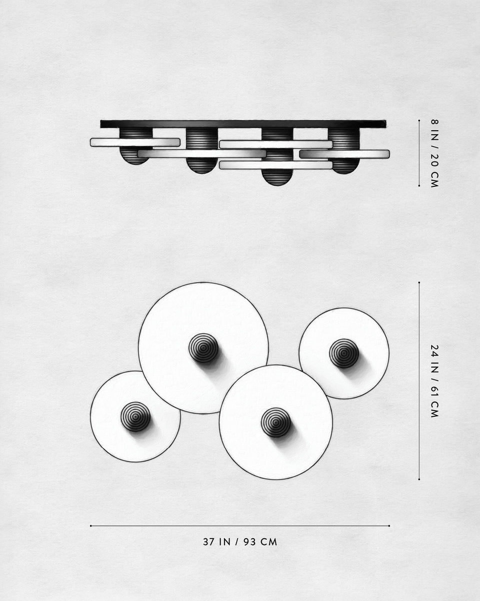 Top and side schematic views of four overlapping circular discs with central cylindrical mounts and dimensions on a light background