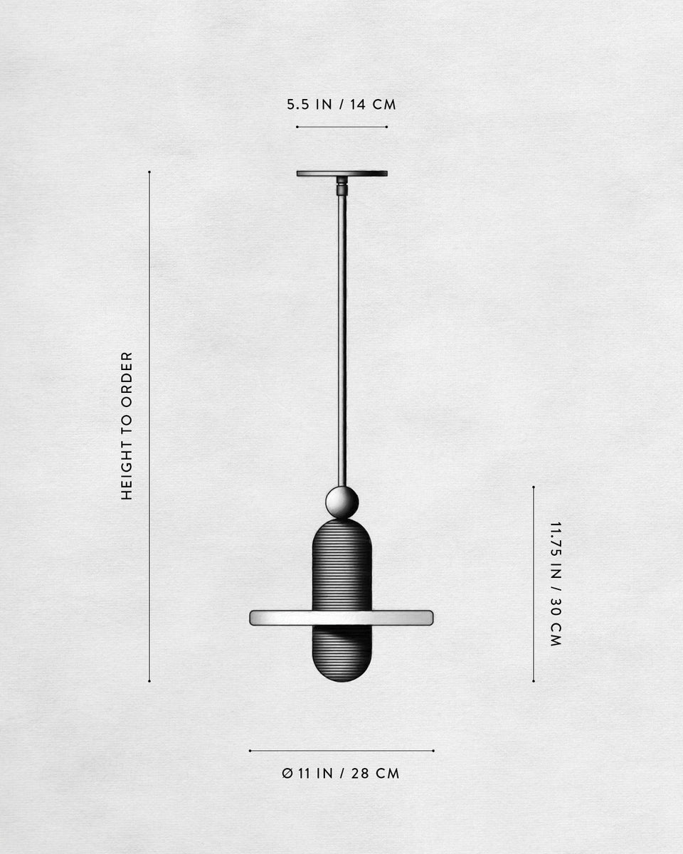 Technical drawing of a pendant light fixture with dimensions labeled in inches and centimeters on a neutral background