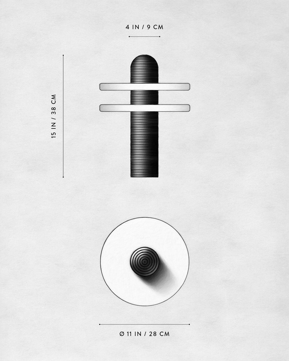Technical drawing of a cylindrical object with two horizontal flat discs and measured dimensions on a light background