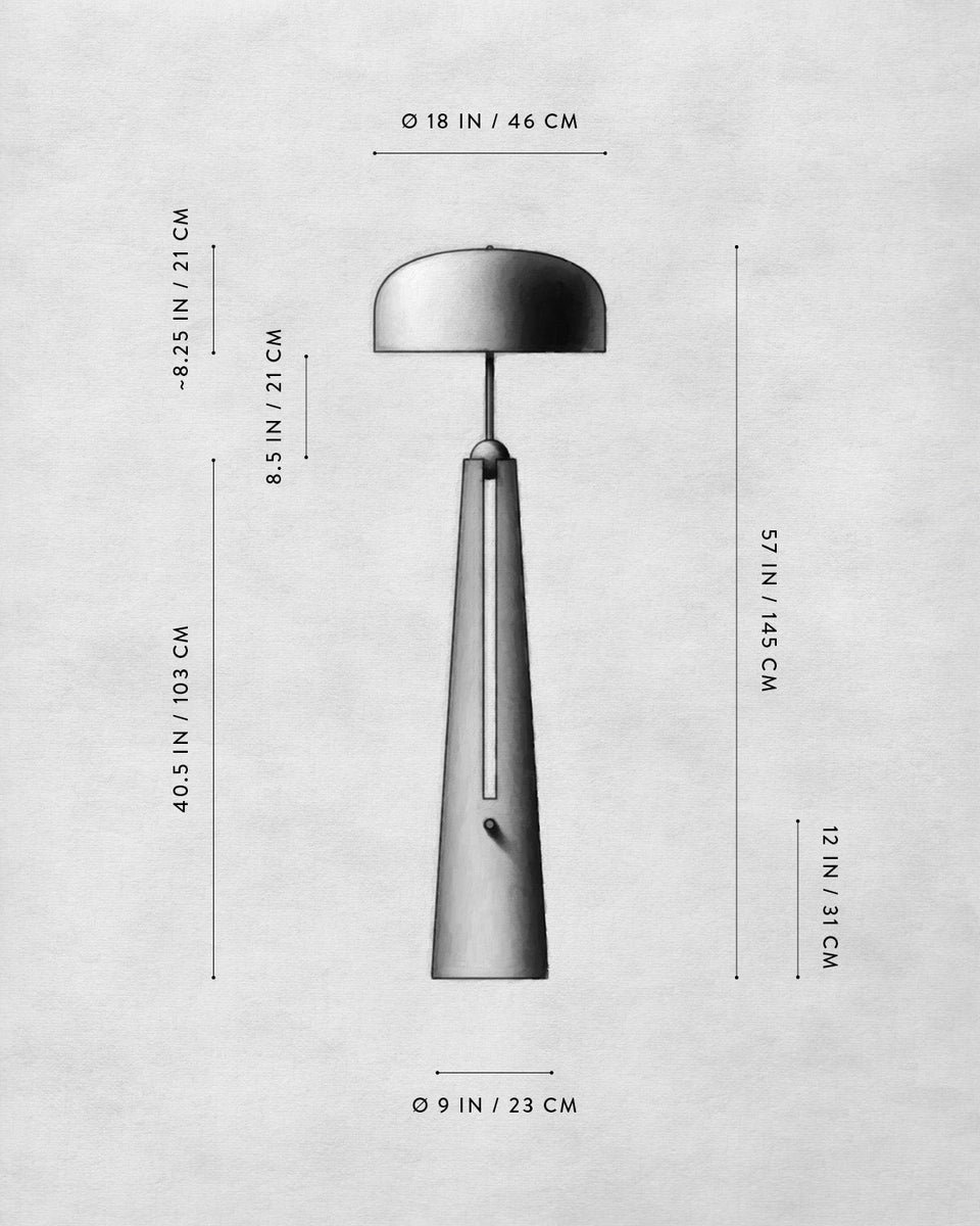 Black and white technical drawing of a tall lamp with detailed height and diameter measurements on a textured background