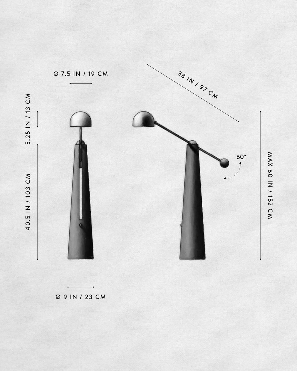Technical sketch of a modern adjustable floor lamp showing front and side views with dimensions and a 60-degree adjustable arm angle.