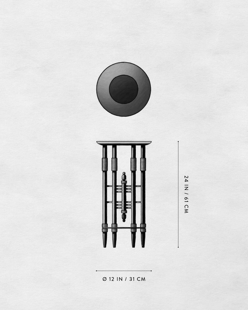 Top and front view technical drawing of a decorative table with detailed leg design on a white background