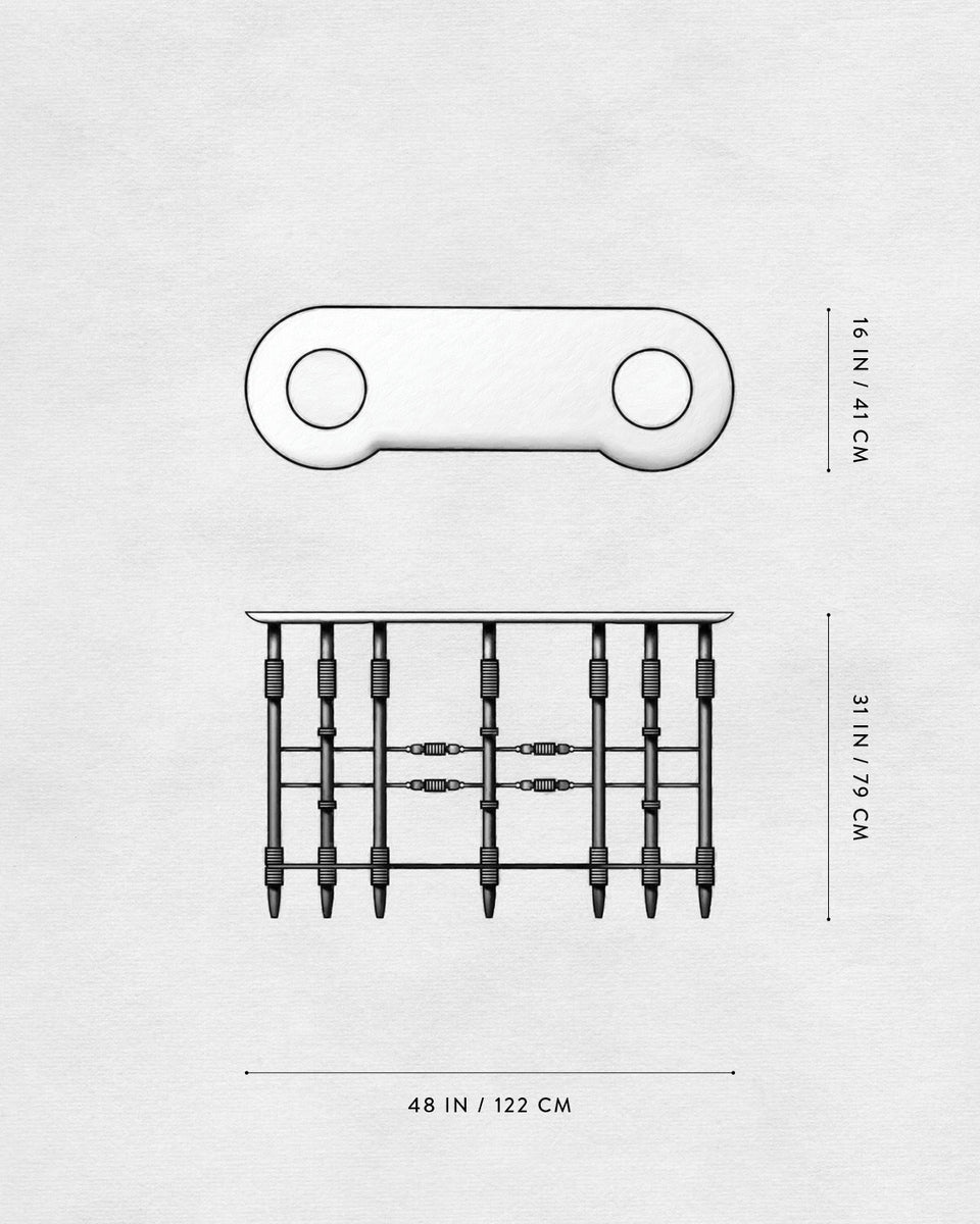 Technical drawing of a rectangular object with circular ends and chain-linked vertical rods, dimensions in inches and centimeters.