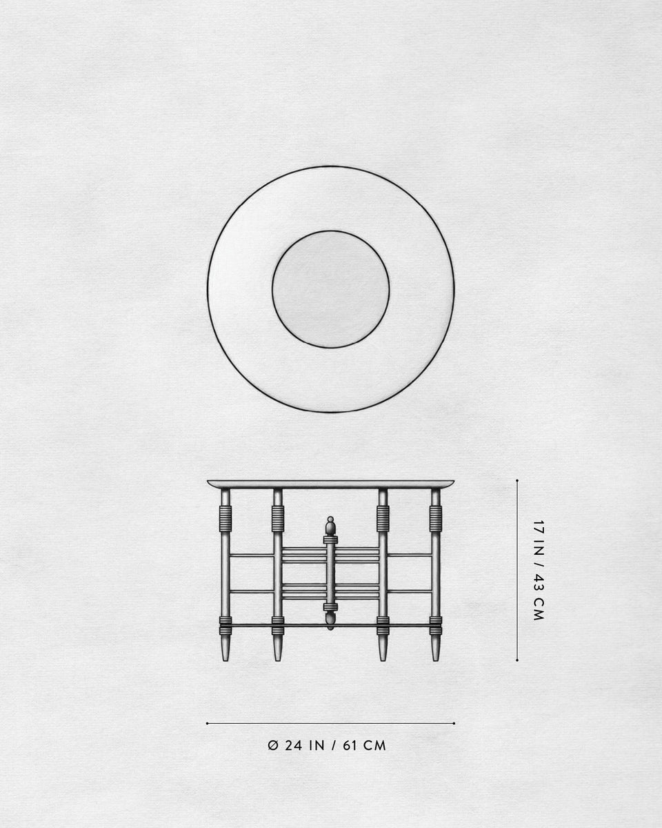 Technical drawing of a round table top and supporting frame with measurements on a light textured background