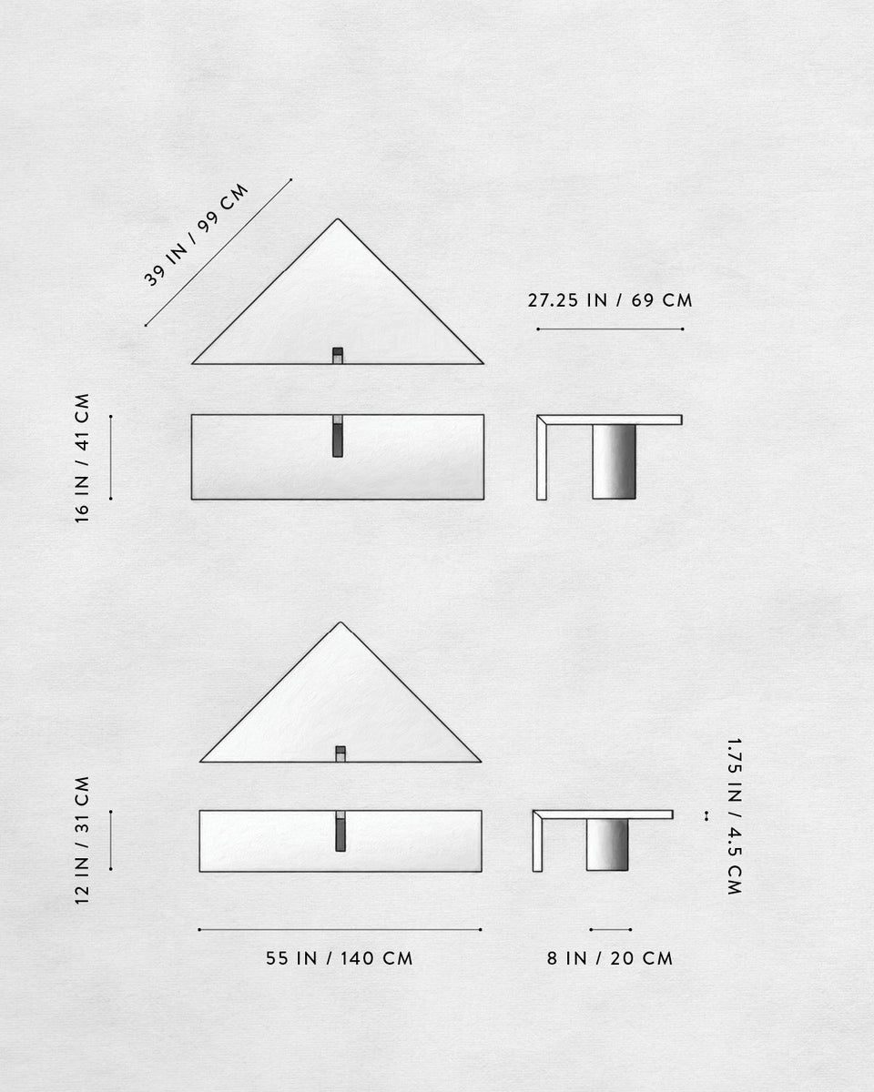 Technical line drawings showing geometric shapes with dimension labels in inches and centimeters on a white background