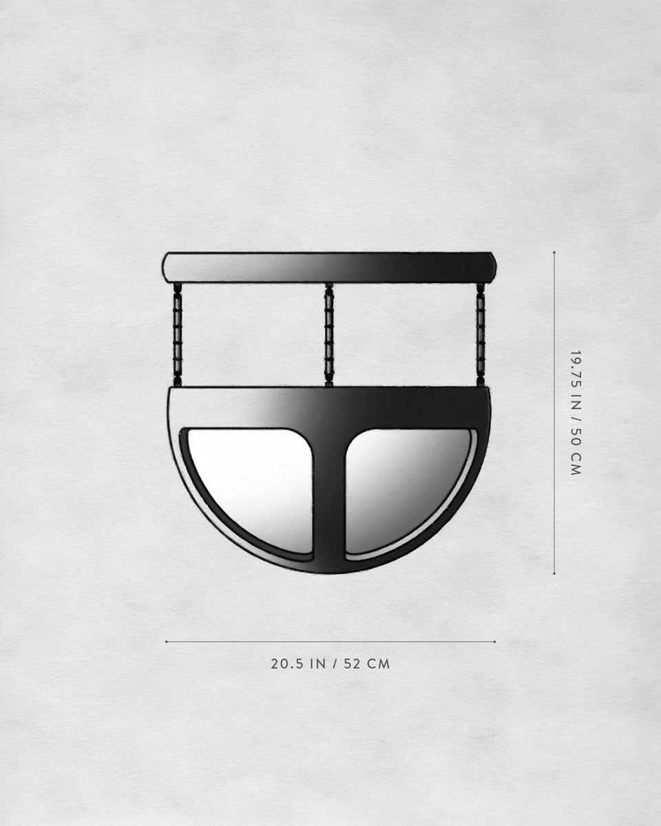 Top half of a round black-framed mirror with two vertical supports and measurements on a light gray background