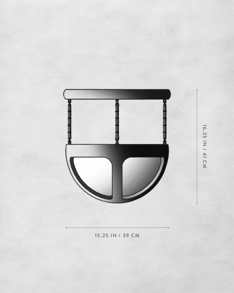 Black and white technical illustration of a geometric wall mirror with dimensions on a textured light background