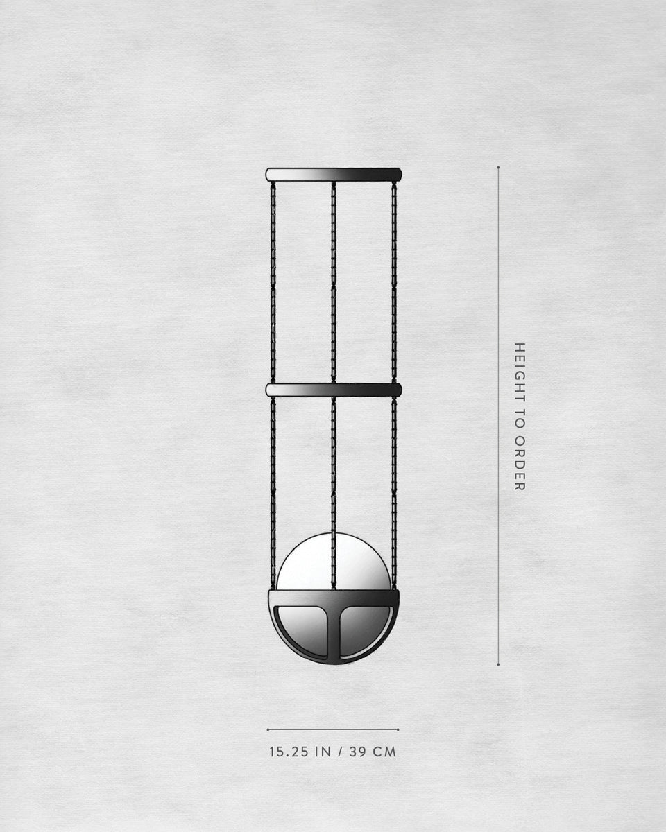 Technical drawing of a hanging light fixture with adjustable height and a spherical shade suspended by three cables against a textured background
