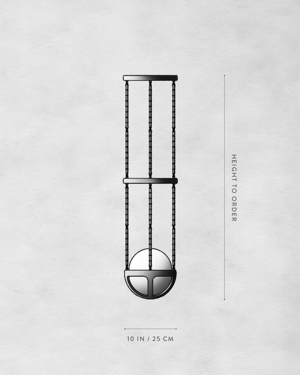 Technical drawing of a hanging spherical pendant light fixture with adjustable height on a textured background